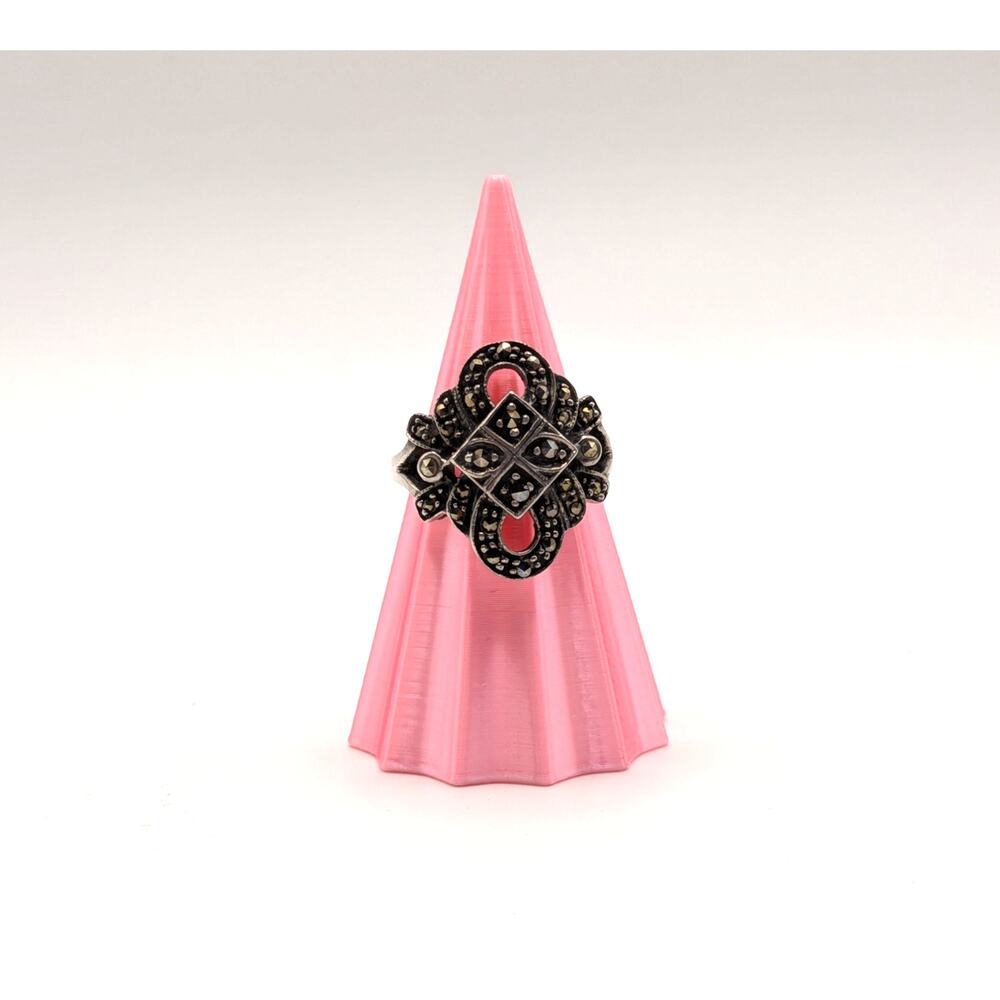 Vintage Style Marcasite Rhinestone Statement Ring Womens Size 6 Silver Tone
